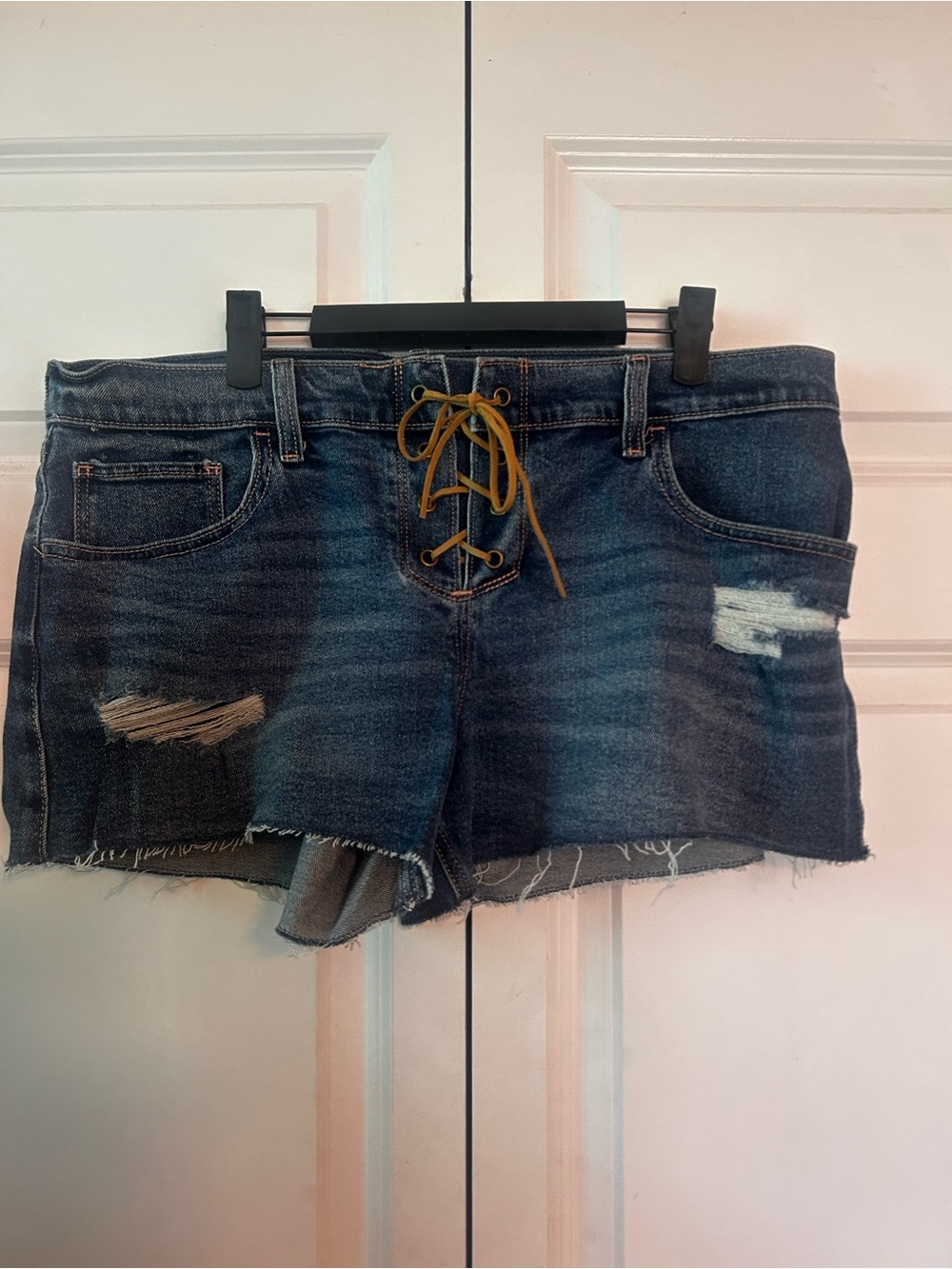 Hollister Dark Blue Lace-Up Distressed Denim Shorts with Brown Cord